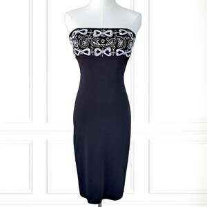 Vintage Y2K CACHE Black Strapless Beaded Sheath Dress Size 6 Party Bodycon